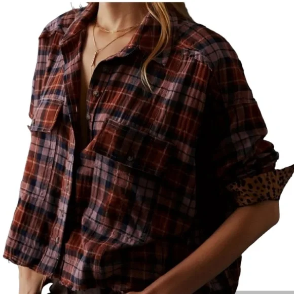 ANTHRO plaid flannel shirt by Pilcro rust brown black & lavender NEW NWT - Picture 2 of 4